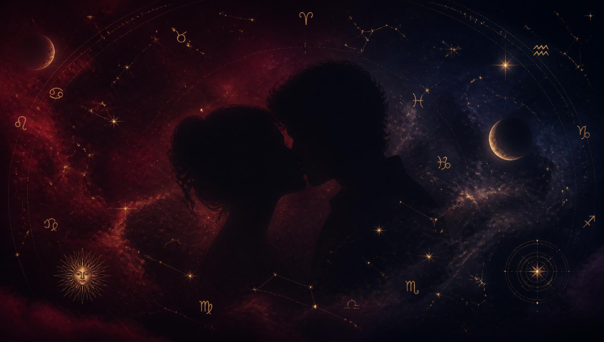 Silhueta de um casal se beijando com constelações e signos do zodíaco ao redor