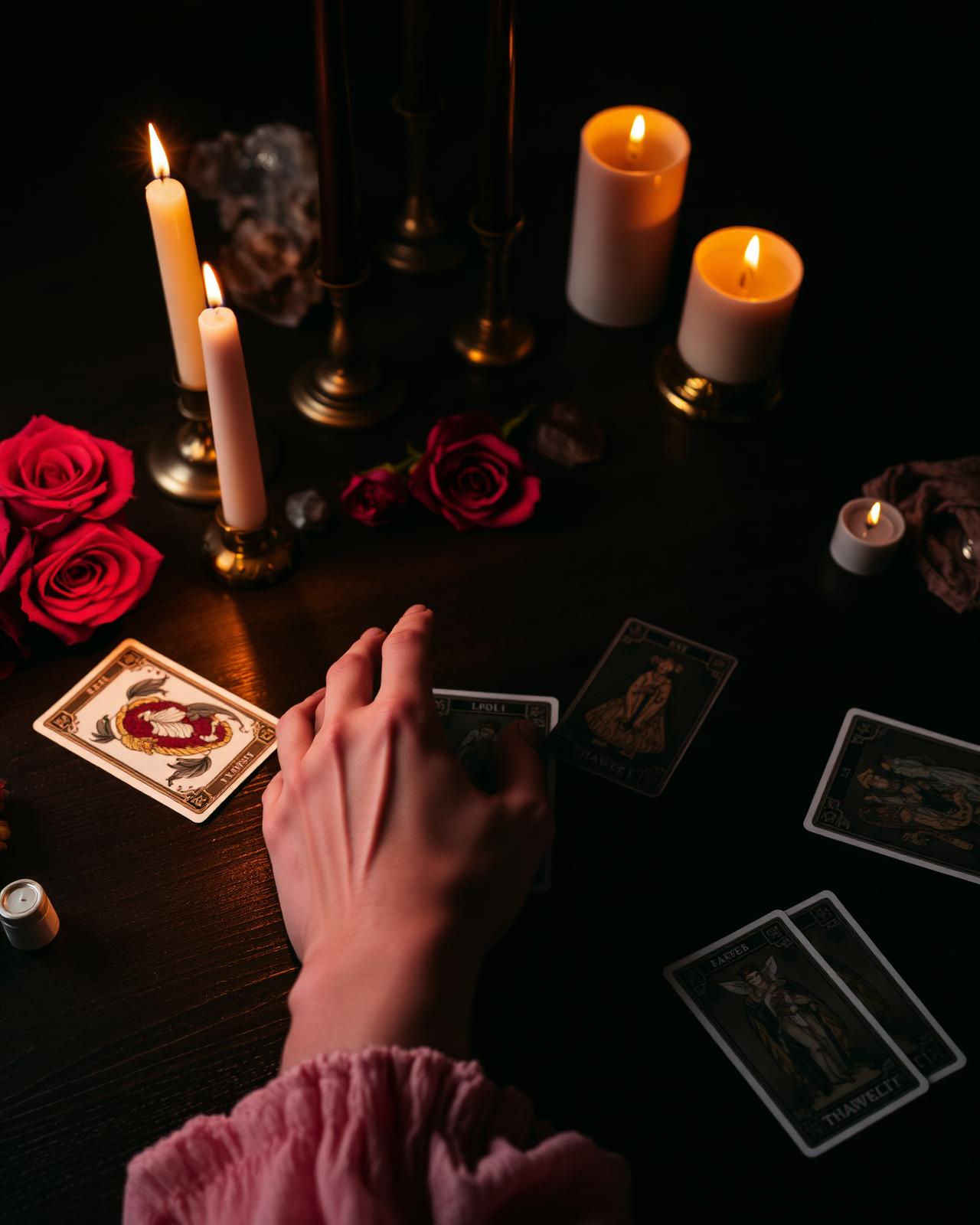 Mãos com cartas de tarot e velas acesas