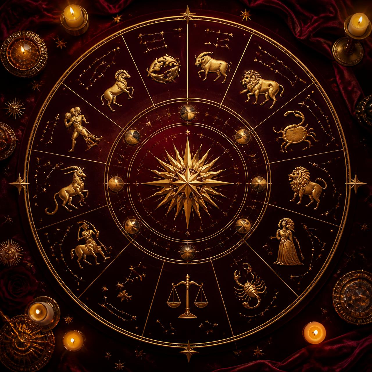 Mandala dos signos do zodíaco em dourado sobre fundo vinho